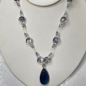 Gorgeous Navy Blue Glass Pendant Station Necklace 16"L 925 Clasp